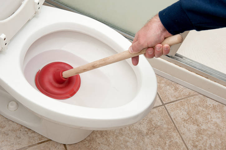 A homeowner uses a plunger to unclog a toilet. (Thinkstock)