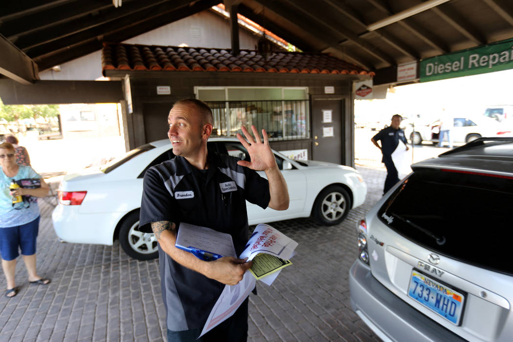 Service Manager Brandon Keller checks in cars at Auto Specialists at 705 Juniper Way in Boulder City Wednesday, Aug. 1, 2018. K.M. Cannon Las Vegas Review-Journal @KMCannonPhoto