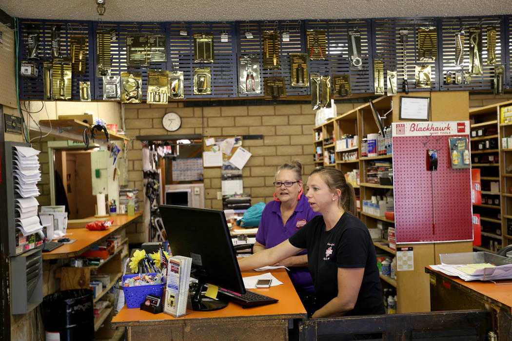 Pam Shivley, left, and Katie Minucci work at Auto Specialists at 705 Juniper Way in Boulder City Wednesday, Aug. 1, 2018. K.M. Cannon Las Vegas Review-Journal @KMCannonPhoto