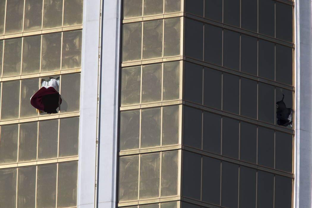 The broken window at Mandalay Bay remains on Oct. 2, 2017, the morning after 58 people were shot and killed at the Route 91 Harvest festival in Las Vegas. Richard Brian/Las Vegas Review-Journal