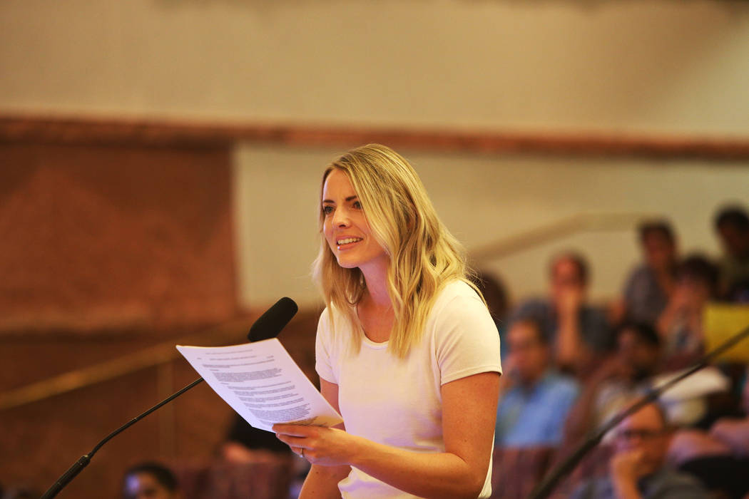 Stephanie Valdez speaks during public comment concerning the new transgender policy at a Clark ...