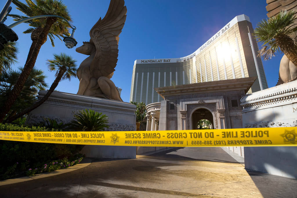 Mandalay Bay on Oct. 2, 2017, the day after the Route 91 Harvest festival shooting in Las Vegas. (Richard Brian/Las Vegas Review-Journal) @vegasphotograph