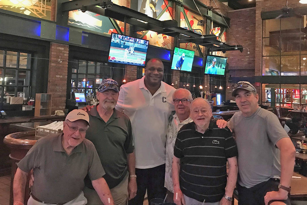 Lunch Bunch group includes, from left, View columnist Herb Jaffe, retired major league baseball catcher Duke Sims, retired NBA forward-center Mike Brown, sports enthusiast Lou Rodophele, Newark St ...