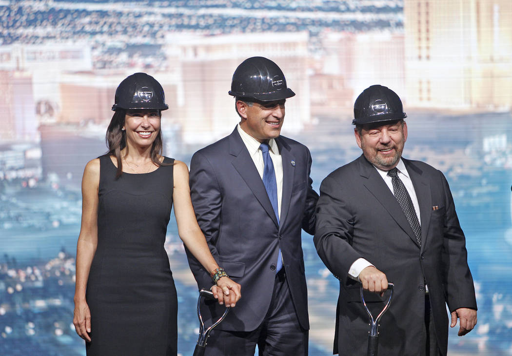 First lady of the state Lauralyn McCarthy, from left, Gov. Brian Sandoval, and Madison Square Garden CEO James Dolan at the ground breaking event for the Madison Square Garden Sphere, a new venue ...