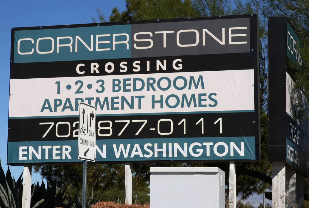 Cornerstone Crossing apartments sign on 6666 W. Washington Ave., is seen on Friday, Oct. 19, 2018, in Las Vegas. Bizuayehu Tesfaye/Las Vegas Review-Journal @bizutesfaye
