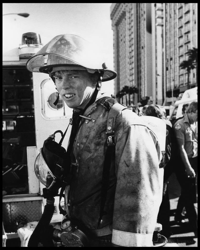 An unidentified Clark County Firefighter is pictured at the November 21, 1980 MGM Grand Hotel f ...