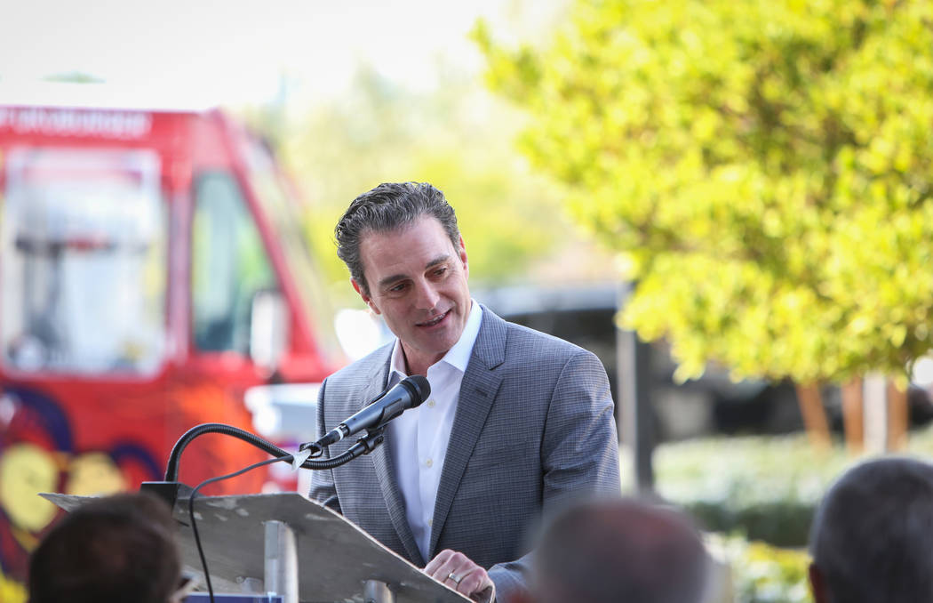 New owner Mike Nigro speaks at a ceremony to mark the sale of long-struggling Coronado Canyons retail center in Henderson, Tuesday,Nov. 13, 2018. Caroline Brehman/Las Vegas Review-Journal