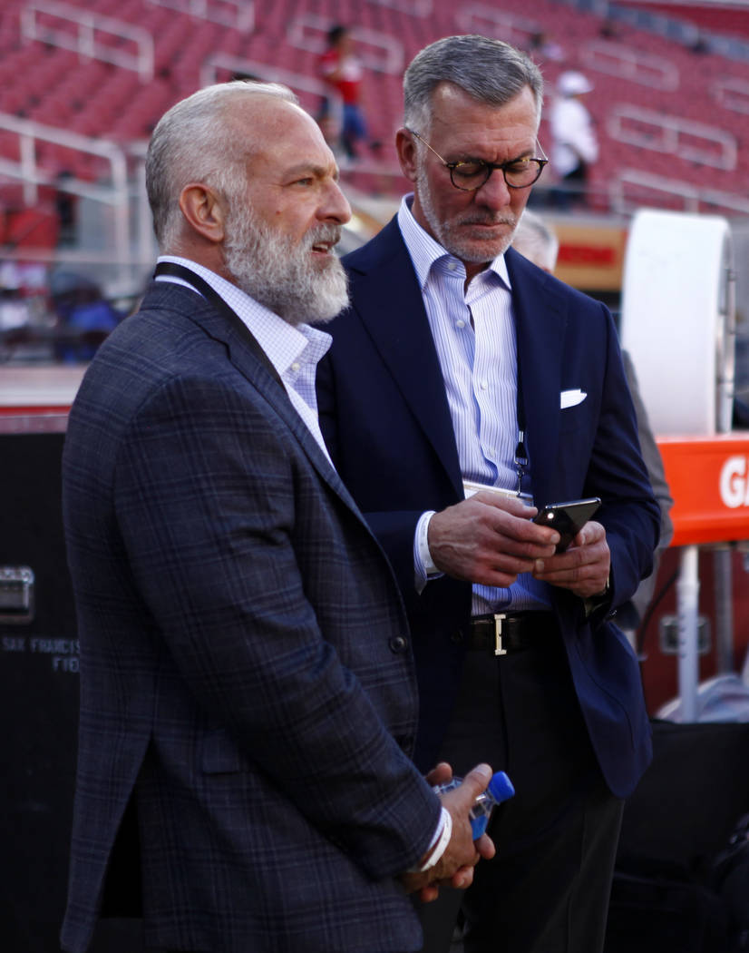 Station Casinos majority owners Lorenzo Fertitta, left, and Frank Fertitta are seen on the San Francisco 49ers sideline prior to the start of an NFL game against the Oakland Raiders at Levi's Stad ...