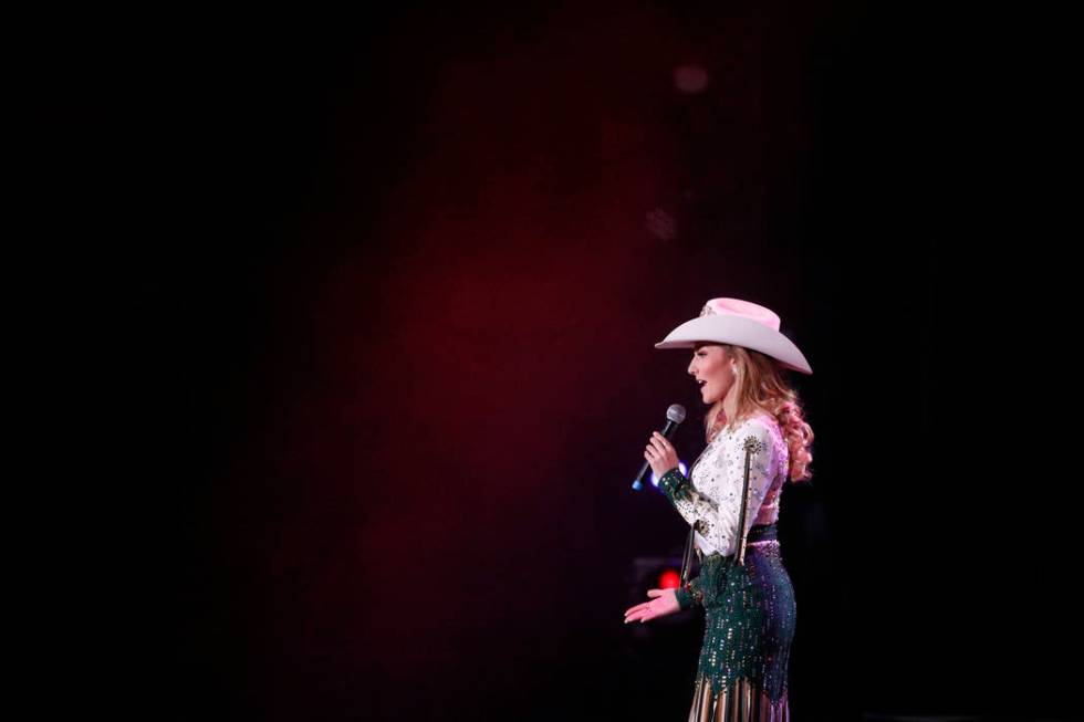 Miss Rodeo Idaho Sydney Butler answers a question from he judges at the Miss Rodeo America 2019 ...