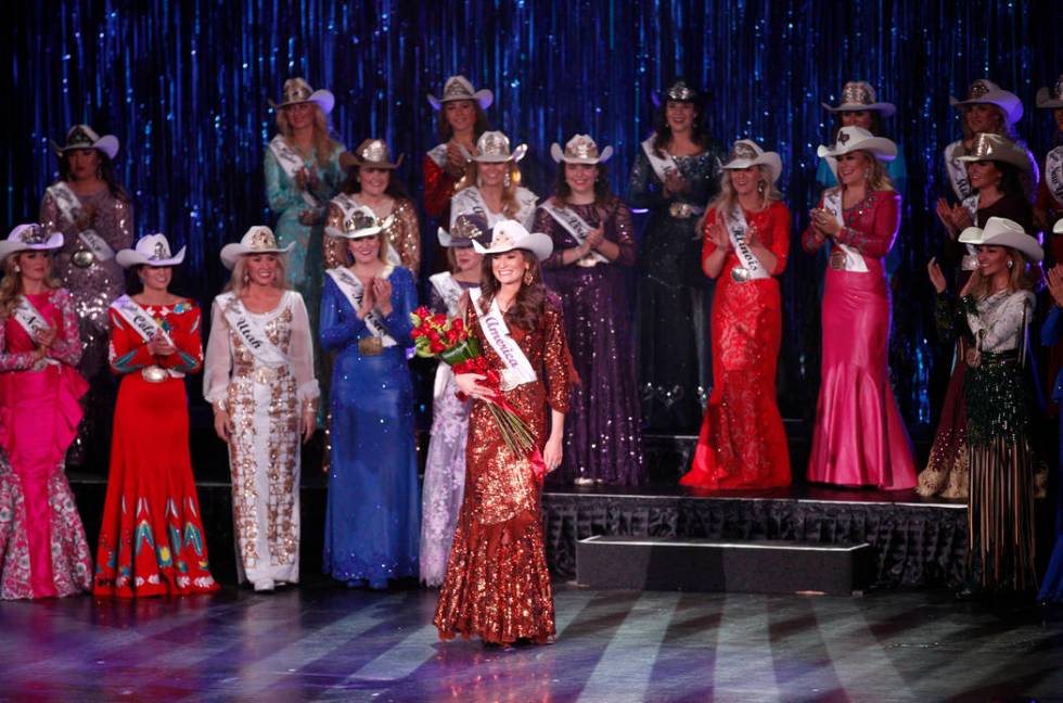 Miss Rodeo Mississippi Taylor McNair looks to the crowd after winning the Miss Rodeo America 20 ...