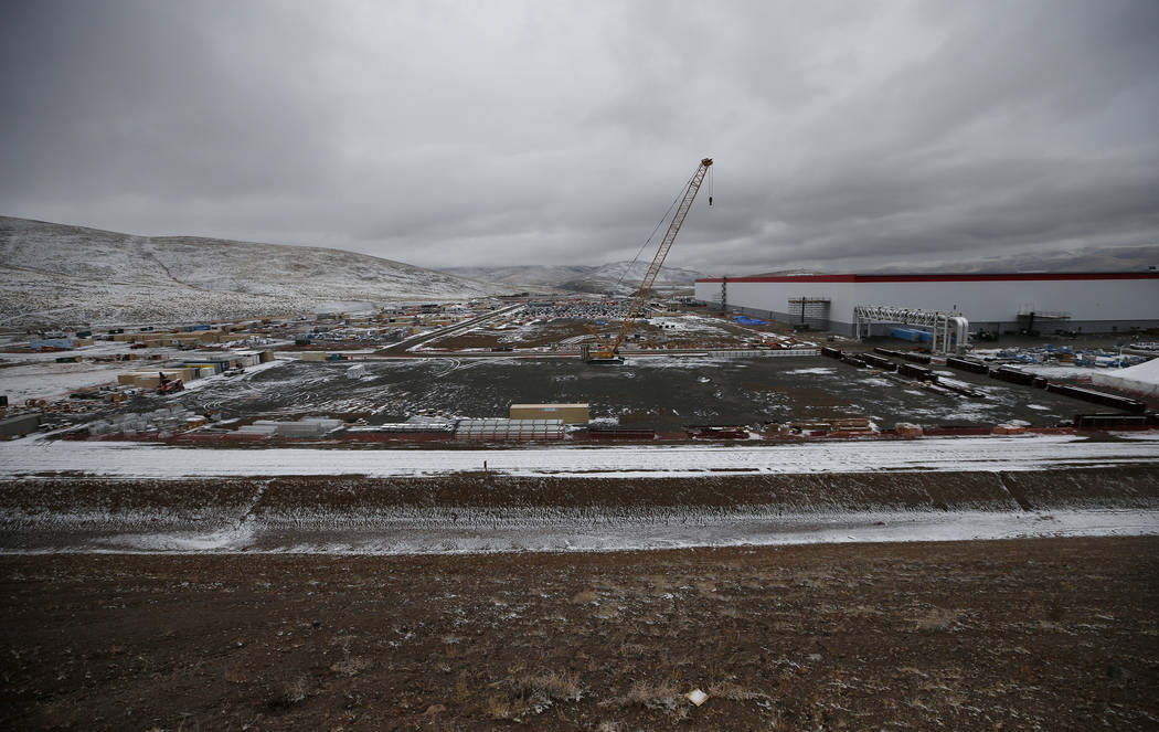 The Tesla Gigafactory, east of Reno, Nev., seen on Tuesday, Dec. 4, 2018, currently sits on a 1.9 million square foot footprint and boosts 5.5 million square feet of total space. (Cathleen Allison ...