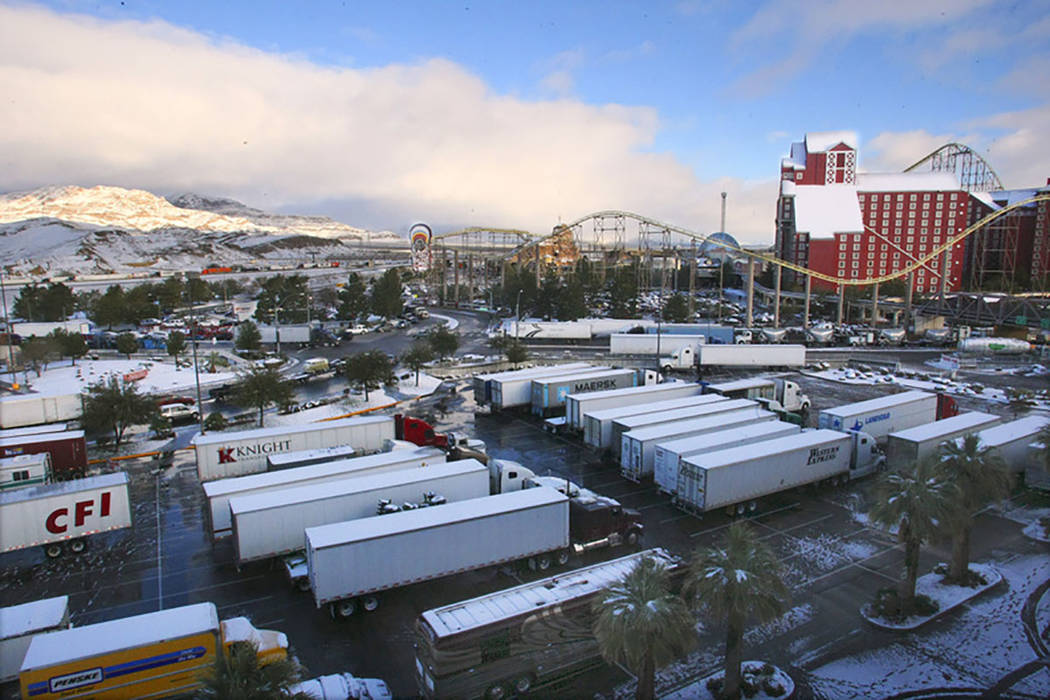 Hundreds of semi truckers took refuge in casino parking lots after Interstate 15 into Californi ...