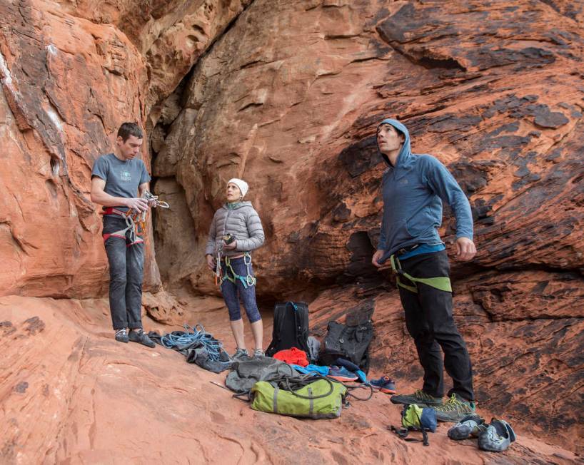 Alex Honnold, right, Maria Bortot and Allen Bishop prepare to climb at The Gallery at Red Rock ...