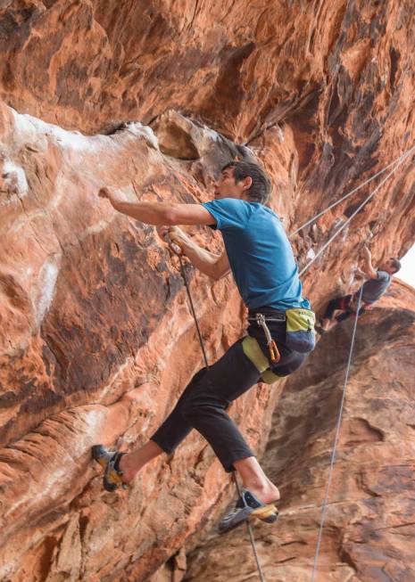 Alex Honnold ascends The Gallery at Red Rock Canyon on Monday, Dec. 17, 2018, in Las Vegas. Hon ...