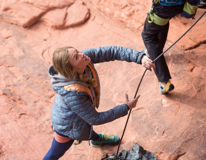 Cassandra “Sanni” McCandless spots a fellow climber at The Gallery at Red Rock Ca ...