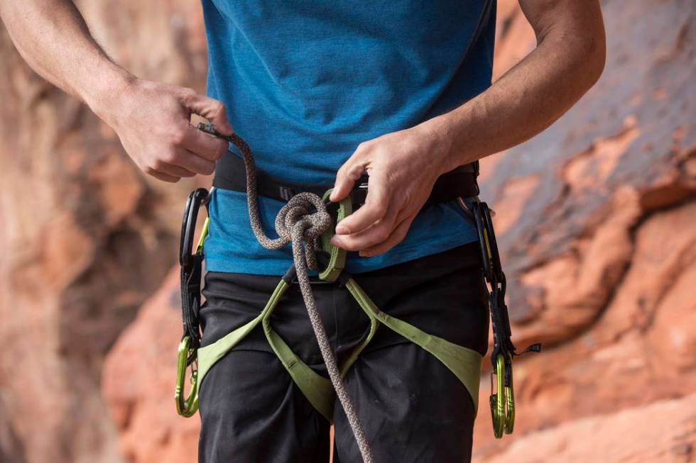 Alex Honnold prepares his gear to climb The Gallery at Red Rock Canyon on Monday, Dec. 17, 2018 ...