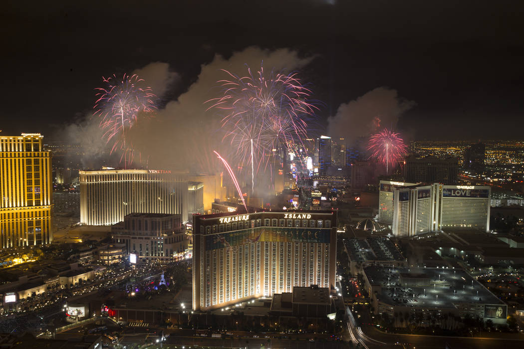 New Year fireworks on the Strip as seen from the Trump hotel on Sunday, Jan. 1, 2017, in Las Vegas. (Erik Verduzco/Las Vegas Review-Journal Follow @Erik_Verduzco)