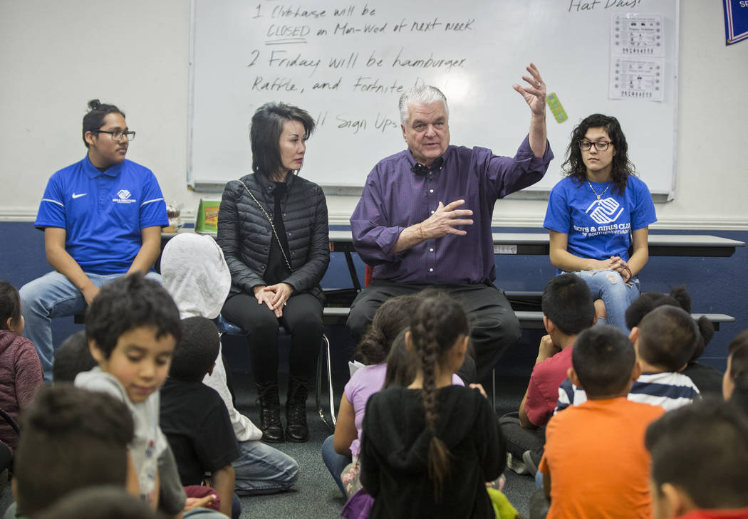 Boys & Girls Clubs ambassador Jose De Dios, left, Kathy Sisolak, governor-elect Steve Sisolak and Boys & Girls Clubs ambassador Natalia Ostorga answer questions during a visit to the Boys ...