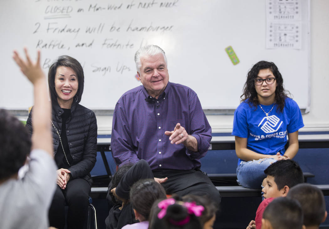 Kathy Sisolak, left, governor-elect Steve Sisolak and Boys & Girls Clubs ambassador Natalia Ostorga answer questions during a visit to the Boys & Girls Clubs of Southern Nevada on Thursday ...