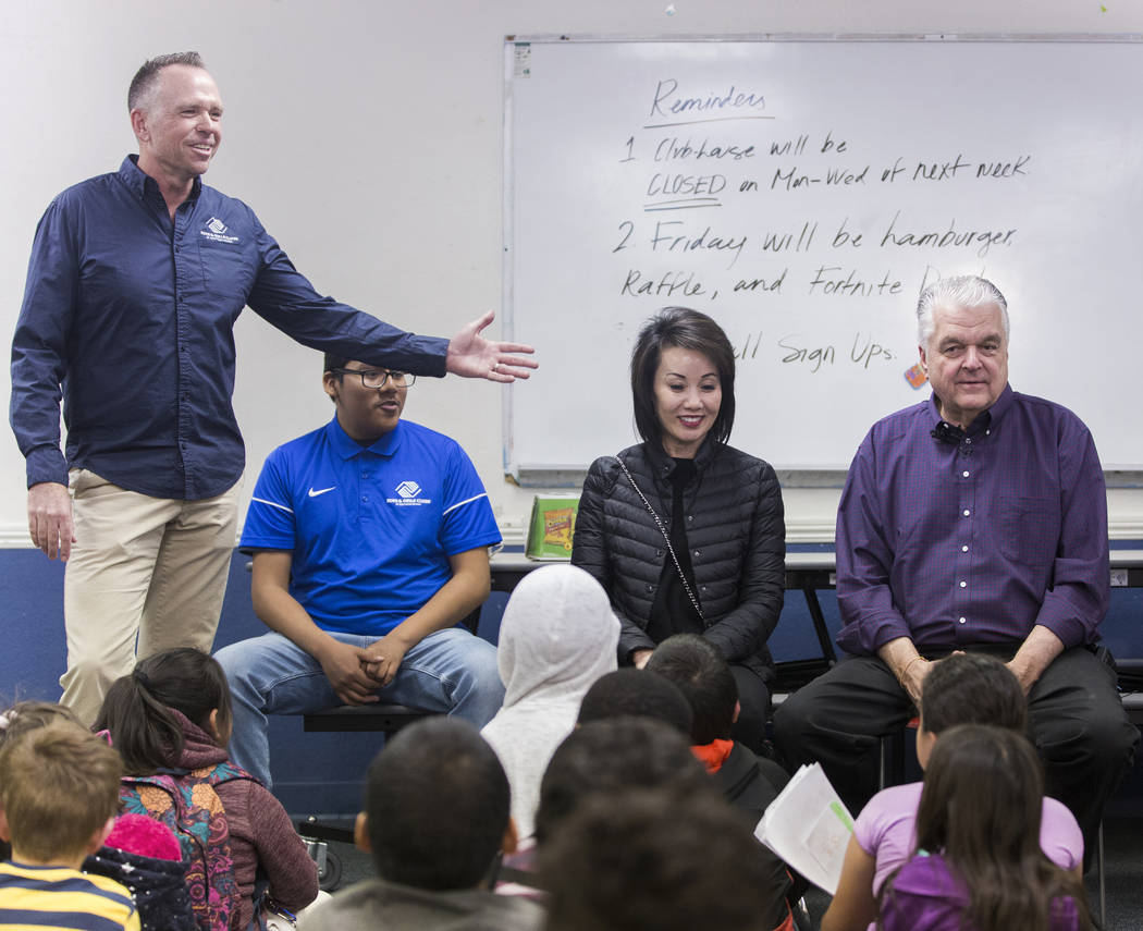 Boys & Girls Clubs CEO Andy Bischel, left, introduces governor-elect Steve Sisolak and wife Kathy Sisolak during a visit to the Boys & Girls Clubs of Southern Nevada on Thursday, Jan. 3, 2 ...