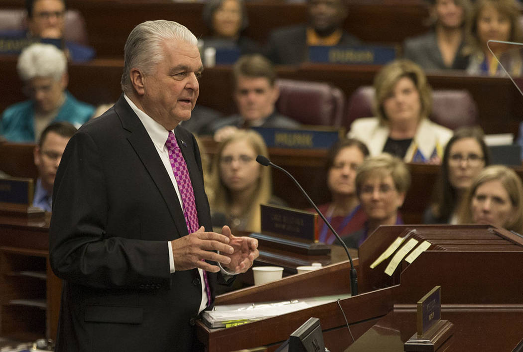 Nevada Governor Steve Sisolak delivers his first State of the State address from the Assembly Chambers of the Nevada Legislature in Carson City, Nev., Wednesday, Jan. 16, 2019. (AP Photo/Tom R. Sm ...