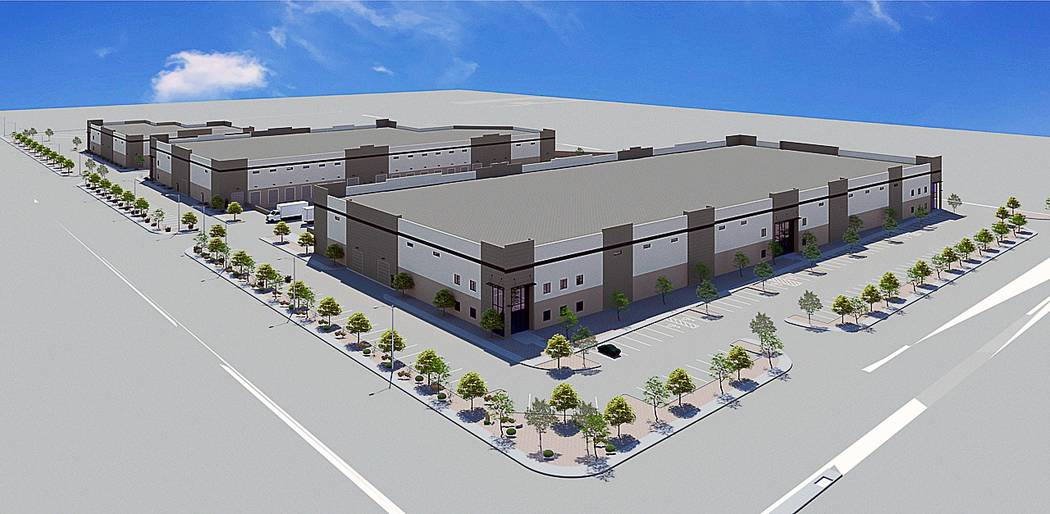 Brass Cap Cos. announced it is developing a three-building industrial project, seen above in this rendering, at Edmond Street and Russell Road in Las Vegas. (MassMedia)