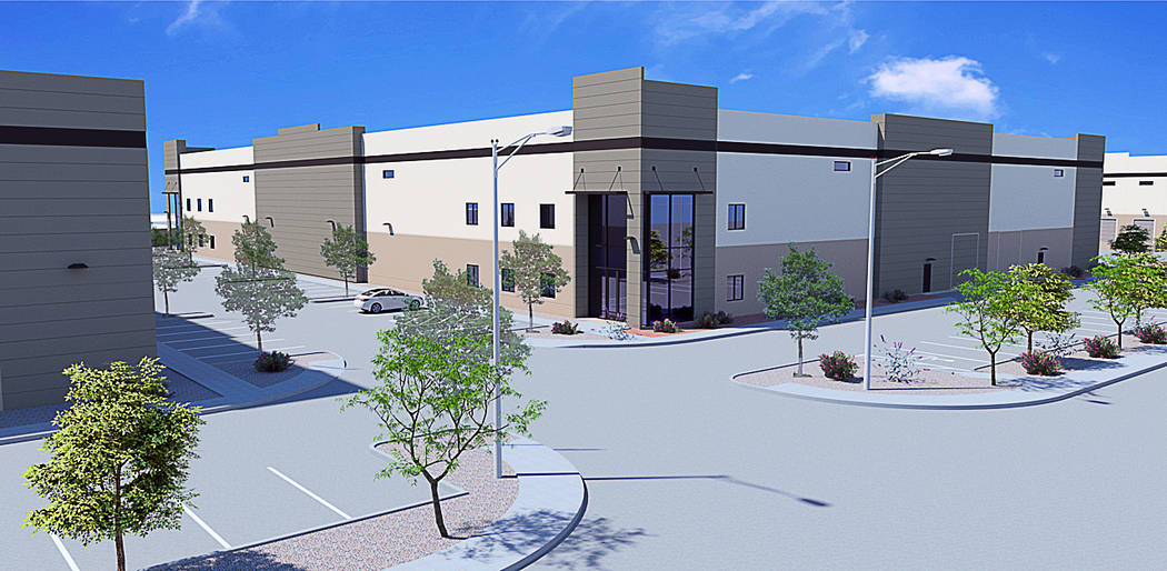 Brass Cap Cos. announced it is developing a three-building industrial project, seen above in this rendering, at Edmond Street and Russell Road in Las Vegas. (MassMedia)