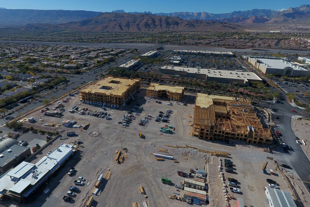 Aerial view of under-construction apartment complex just south of the Las Vegas Ballpark along Sahara Avenue between Town Center Drive and South Pavilion Center Drive in Summerlin as seen on Monda ...