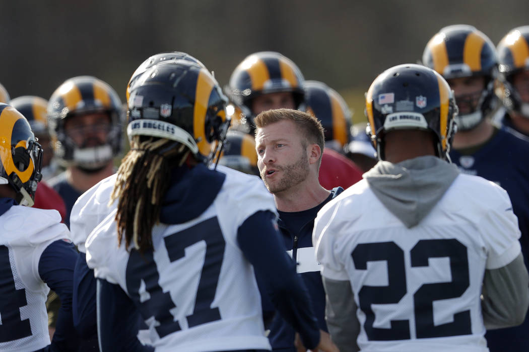Los Angeles Rams head coach Sean McVay speaks to his players during practice for the NFL Super Bowl 53 football game against the New England Patriots, Friday, Feb. 1, 2019, in Flowery Branch, Ga. ...