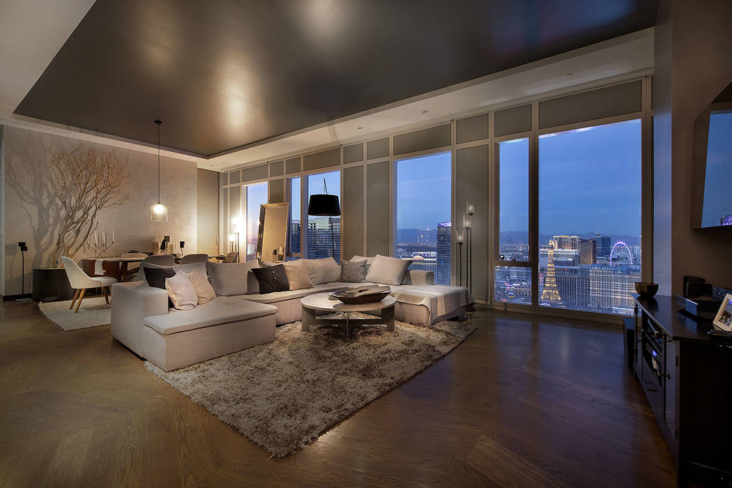 From the living room of unit 4504 in Waldorf Astoria is a view of the Las Vegas Strip. (Acclaim)