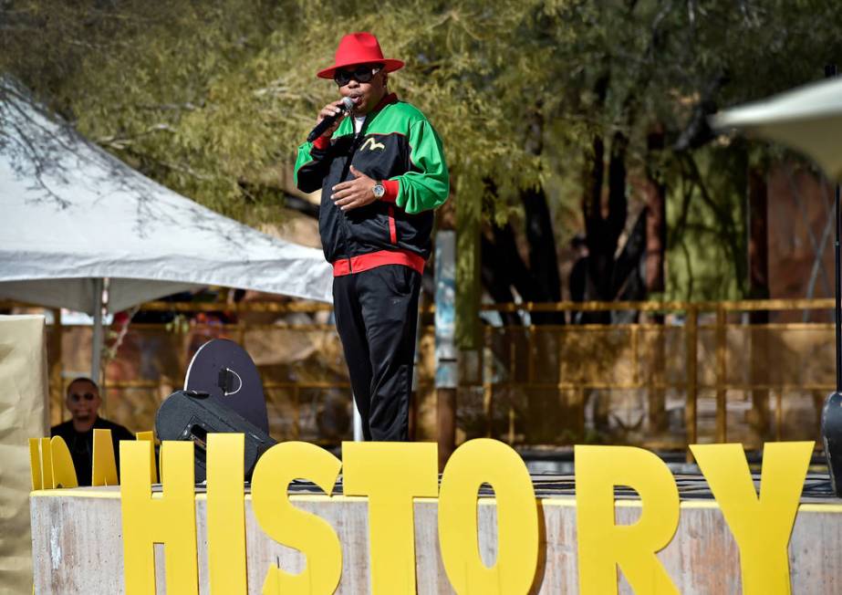 Emcee Lou Collins speaks during the Black History Month Festival at the Springs Preserve Saturd ...