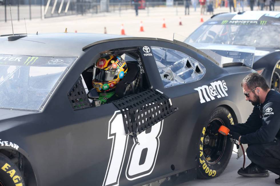 NASCAR driver and Las Vegas native Kyle Busch waits while a crew member checks his car during testing at Las Vegas Motor Speedway Thursday, Jan. 31, 2019. (K.M. Cannon/Las Vegas Review-Journal) @K ...