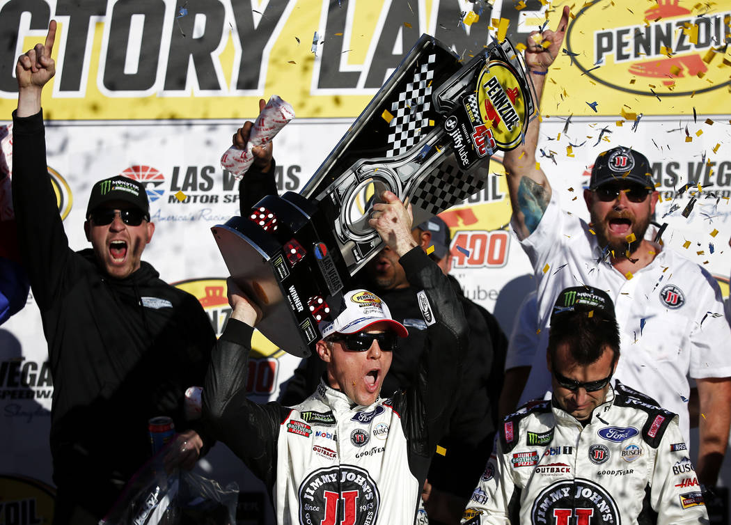 Kevin Harvick (4) celebrates after winning the Monster Energy NASCAR Cup Series Pennzoil 400 auto race at the Las Vegas Motor Speedway in Las Vegas on Sunday, March 4, 2018. Andrea Cornejo Las Veg ...