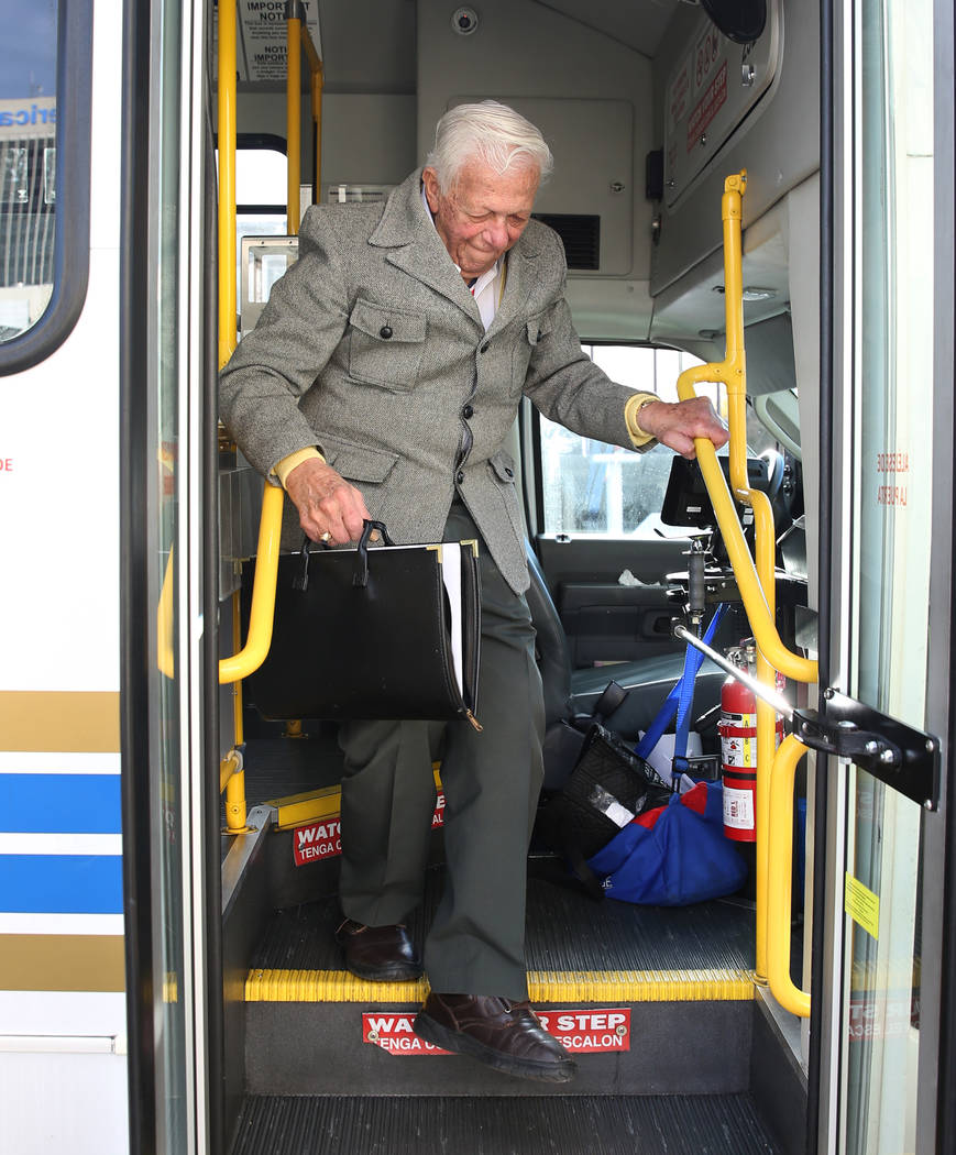 Dr. S. Jay Hazan, 94, a World War II Army veteran, gets off his shuttle as he arrives at the Ll ...