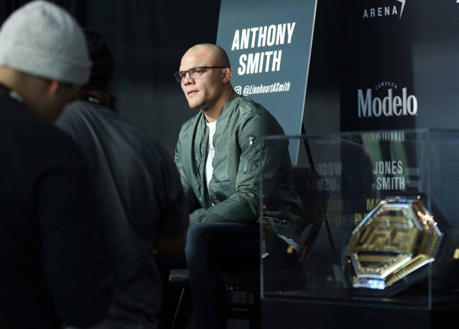 UFC light heavyweight title contender Anthony Smith is interviewed by reporters during UFC 235 media day at the T-Mobile Arena in Las Vegas, Wednesday, Feb. 27, 2019. He will face the division's c ...