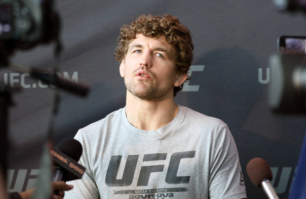 UFC welterweight Ben Askren responds to a question during a scrum during UFC 235 media day at the T-Mobile Arena in Las Vegas, Wednesday, Feb. 27, 2019. (Heidi Fang /Las Vegas Review-Journal) @Hei ...