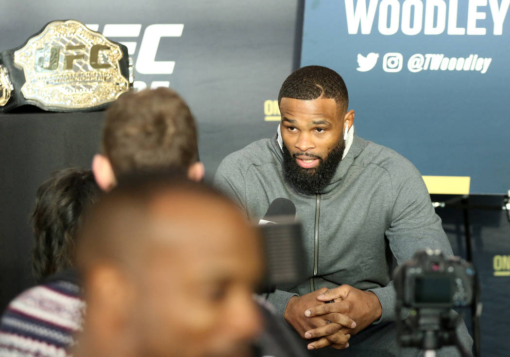 UFC welterweight champion Tyron Woodley answers questions from reporters at UFC 235 media day at the T-Mobile Arena in Las Vegas, Wednesday, Feb. 27, 2019. (Heidi Fang /Las Vegas Review-Journal) @ ...