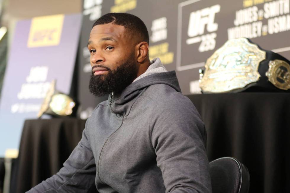 UFC welterweight champion Tyron Woodley waits to be interviewed at UFC 235 media day at the T-Mobile Arena in Las Vegas, Wednesday, Feb. 27, 2019. (Heidi Fang /Las Vegas Review-Journal) @HeidiFang