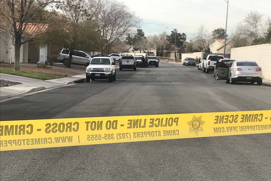 Police investigate the death of a 2-year-old child in the 8600 block of Manalang Road in southeast Las Vegas, Monday, Feb. 25, 2019. (Lukas Eggens/Las Vegas Review-Journal