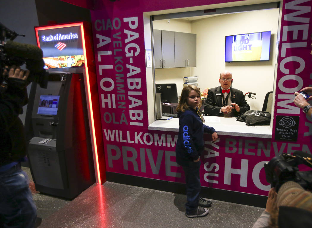 Christian Mouer, 11, visits guest services to pick up a sensory bag before a Golden Knights game at T-Mobile Arena in Las Vegas on Tuesday, Feb. 26, 2019. The sensory bag features noise-cancelling ...