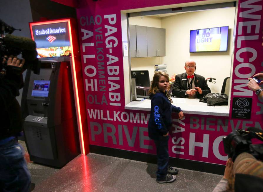 Christian Mouer, 11, visits guest services to pick up a sensory bag before a Golden Knights game at T-Mobile Arena in Las Vegas on Tuesday, Feb. 26, 2019. The sensory bag features noise-cancelling ...