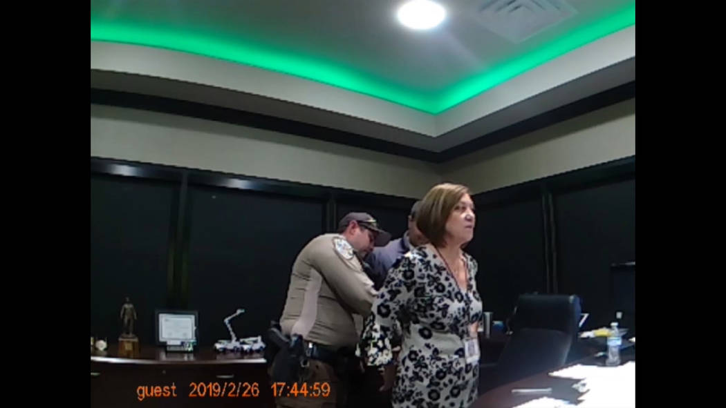Nye County Sheriff's Office body-cam footage shows Valley Electric Association CEO Angela Evans being arrested at the co-op's administrative offices at 800 E. Highway 372 in Pahrump on Feb. 26, 20 ...