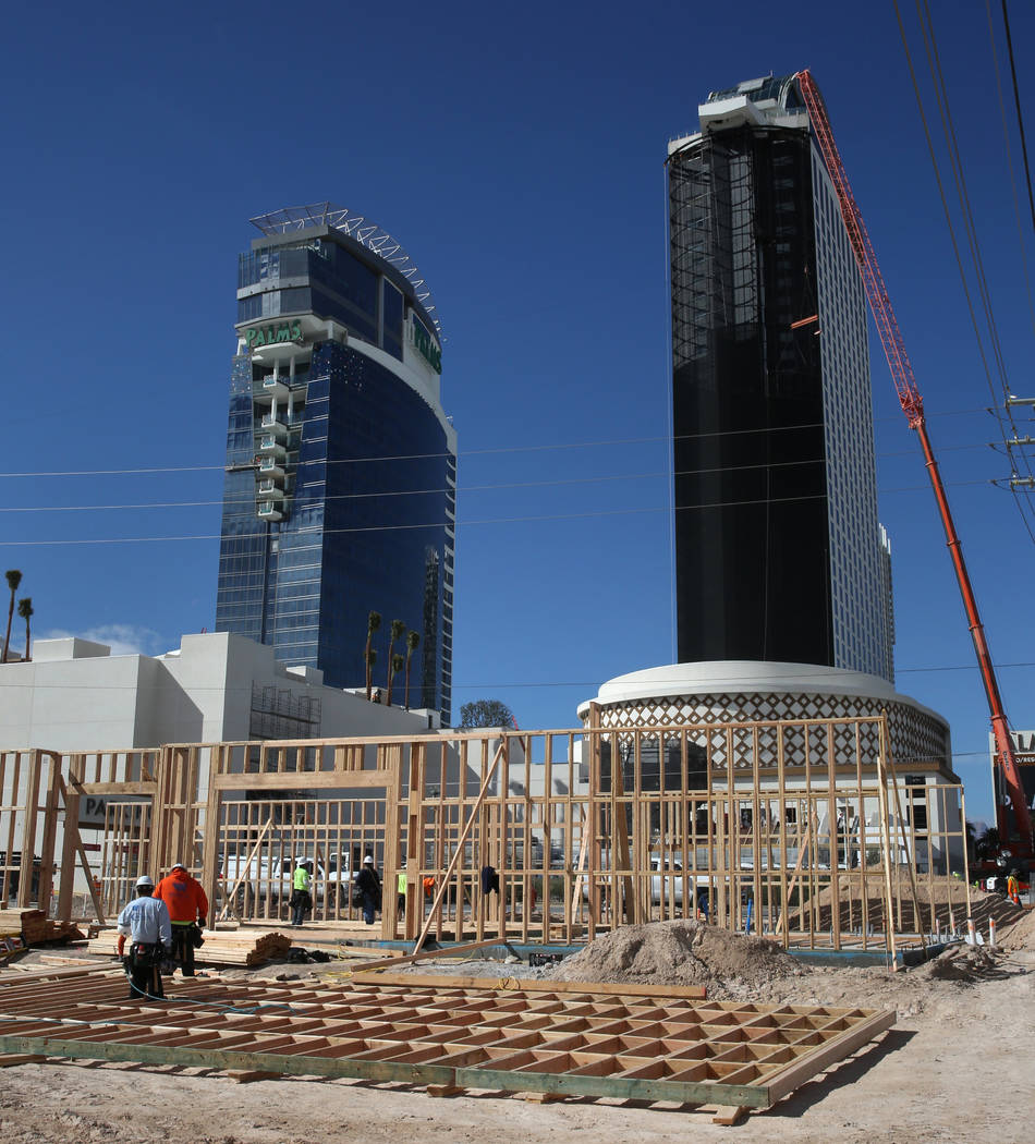 The construction of Wahoo's Fish Taco is seen at the mixed-use project under construction at Flamingo Road and Valley View Boulevard, next to the Palms on Wednesday, Feb. 27, 2019, in Las Vegas. B ...