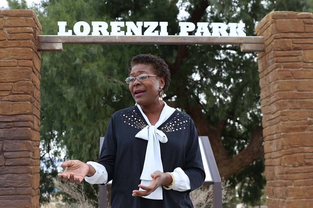 Katherine Duncan, executive director of the Harrison House, speaks while leading a tour of Pioner Trail, near Lorenzi Park, on Monday, Feb. 25, 2019, in Las Vegas. Bizuayehu Tesfaye Las Vegas Revi ...