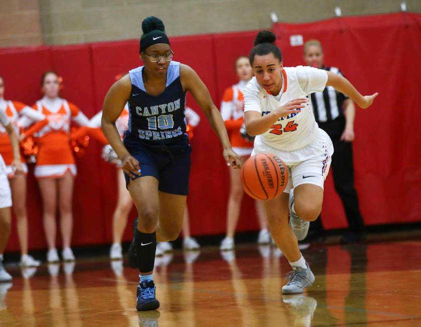 Canyon Springs' Sydnei Collier (10) chases after the ball against Bishop Gorman's Bentleigh Hoskins (24) during the first half of a Class 4A state girls basketball quarterfinal game at Arbor View ...