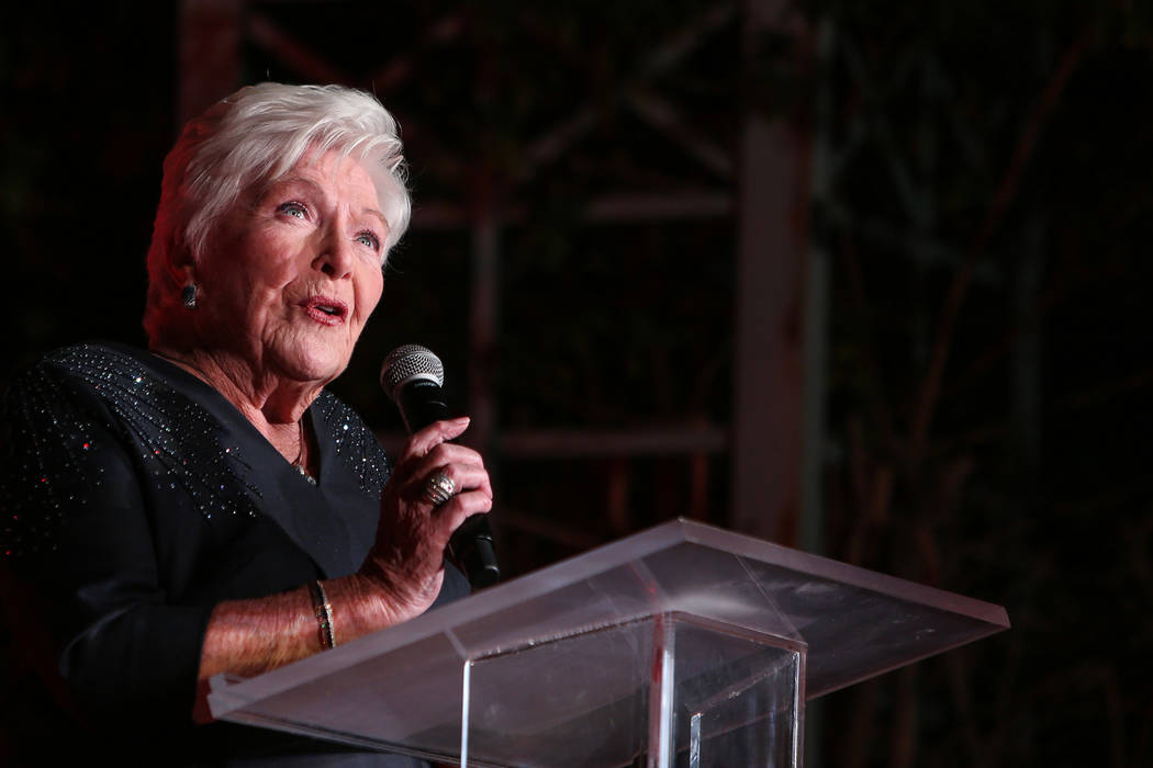 French singer and actress Line Renaud speaks during a presentation before the Paris Las Vegas debuts a new $1.7 million Eiffel Tower light show on the Strip in Las Vegas, Wednesday, Feb. 27, 2019. ...