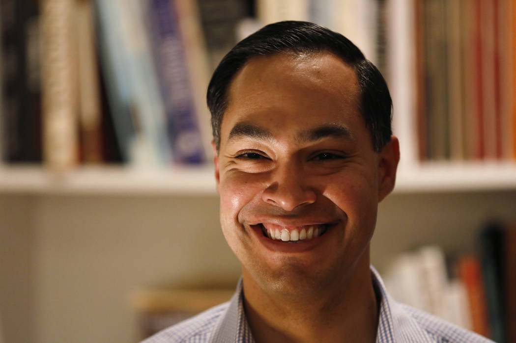 Former Housing and Urban Development Secretary Julian Castro speaks during a house party at the Ed and Jane Cranston home, Monday, Jan. 7, 2019, in North Liberty, Iowa. (AP Photo/Charlie Neibergall)