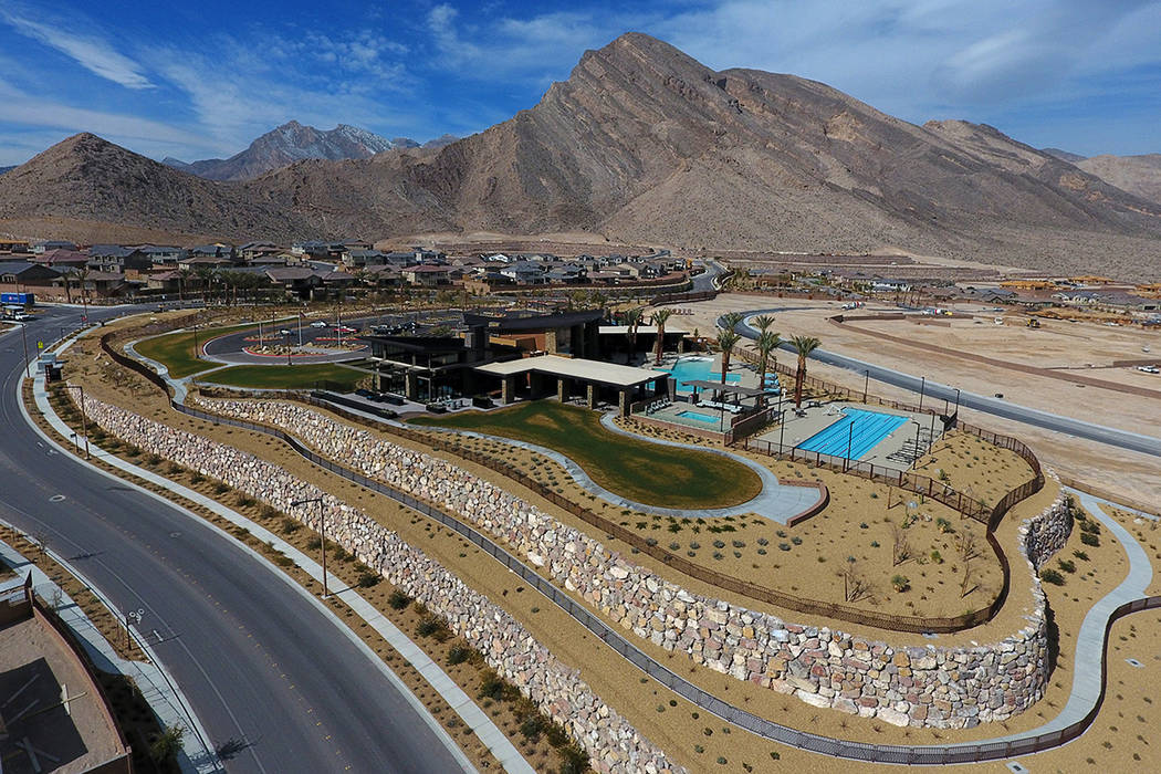 An aerial photo of the 16,000 square foot indoor/outdoor Clubhouse and recreation center that sits at the center of the Reverence community by Pulte Homes in Summerlin, Nevada on Tuesday, February ...