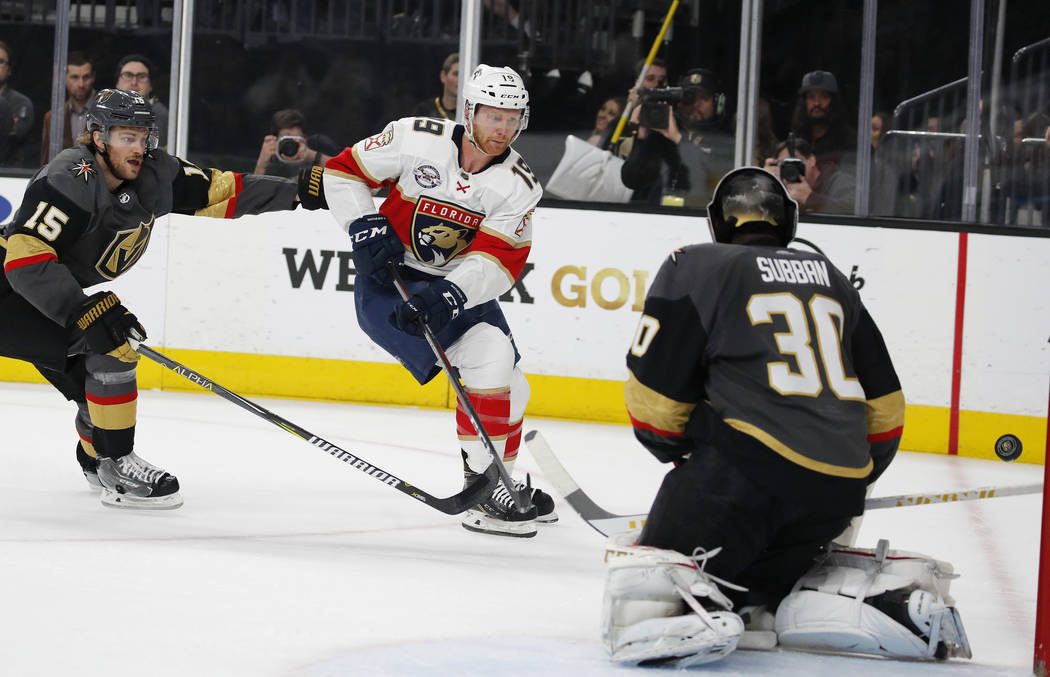 Florida Panthers defenseman Mike Matheson (19) shoots against Vegas Golden Knights goaltender Malcolm Subban (30) during the first period of an NHL hockey game Thursday, Feb. 28, 2019, in Las Vega ...