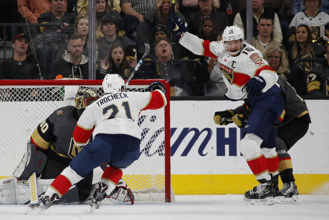 Florida Panthers center Aleksander Barkov (16) celebrates after scoring against Vegas Golden Knights goaltender Malcolm Subban (30) during the second period of an NHL hockey game Thursday, Feb. 28 ...